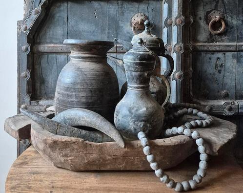 Landelijke sfeerset, authentieke tinnen kan India, woonketti, Antiek en Kunst, Antiek | Tin, Ophalen of Verzenden