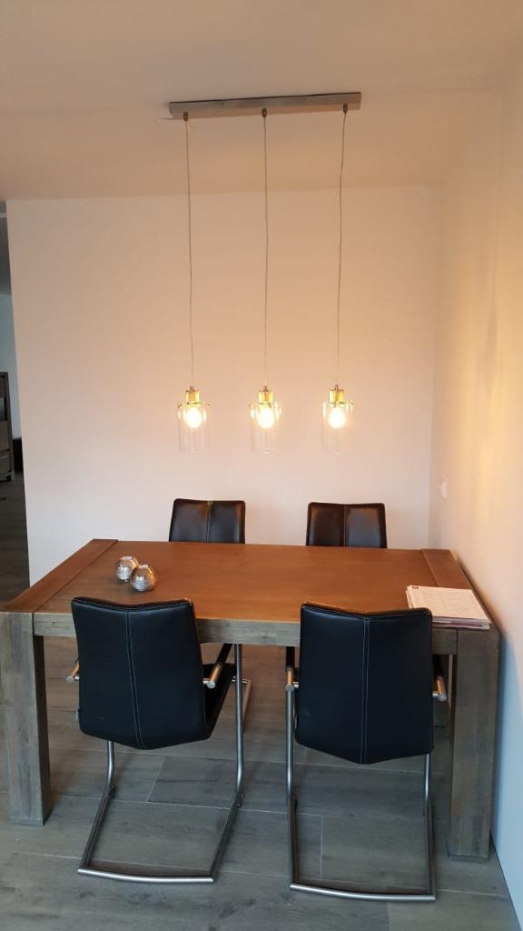 Stijlvolle hanglamp met 3 lichtpunten, Huis en Inrichting, Lampen | Hanglampen, Zo goed als nieuw, 75 cm of meer, Glas, Metaal