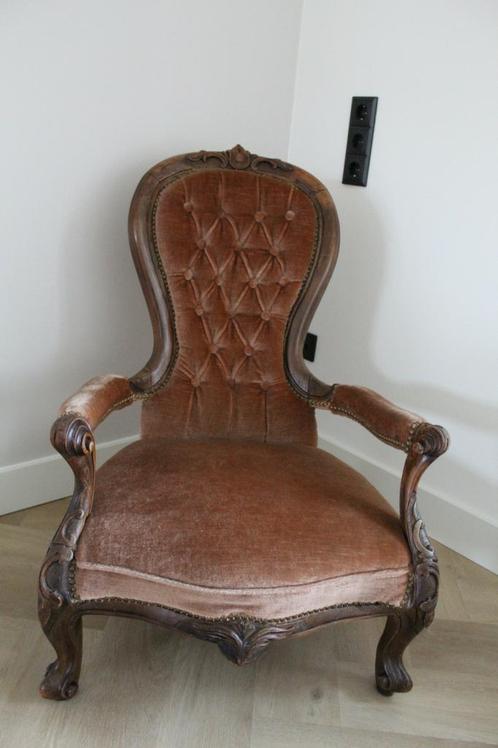 Antieke, vintage fauteuil stoel, Huis en Inrichting, Fauteuils, Gebruikt, Hout, 50 tot 75 cm, Minder dan 75 cm, Ophalen