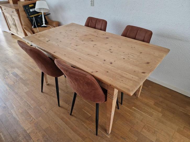 Grenen eethoektafel met vier mooie stoelen, Huis en Inrichting, Stoelen, Gebruikt, Vier, Bruin, Ophalen