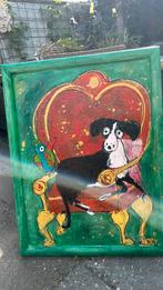 Grote vrolijke kunst hond modeen abatract groen rood art, Ophalen of Verzenden