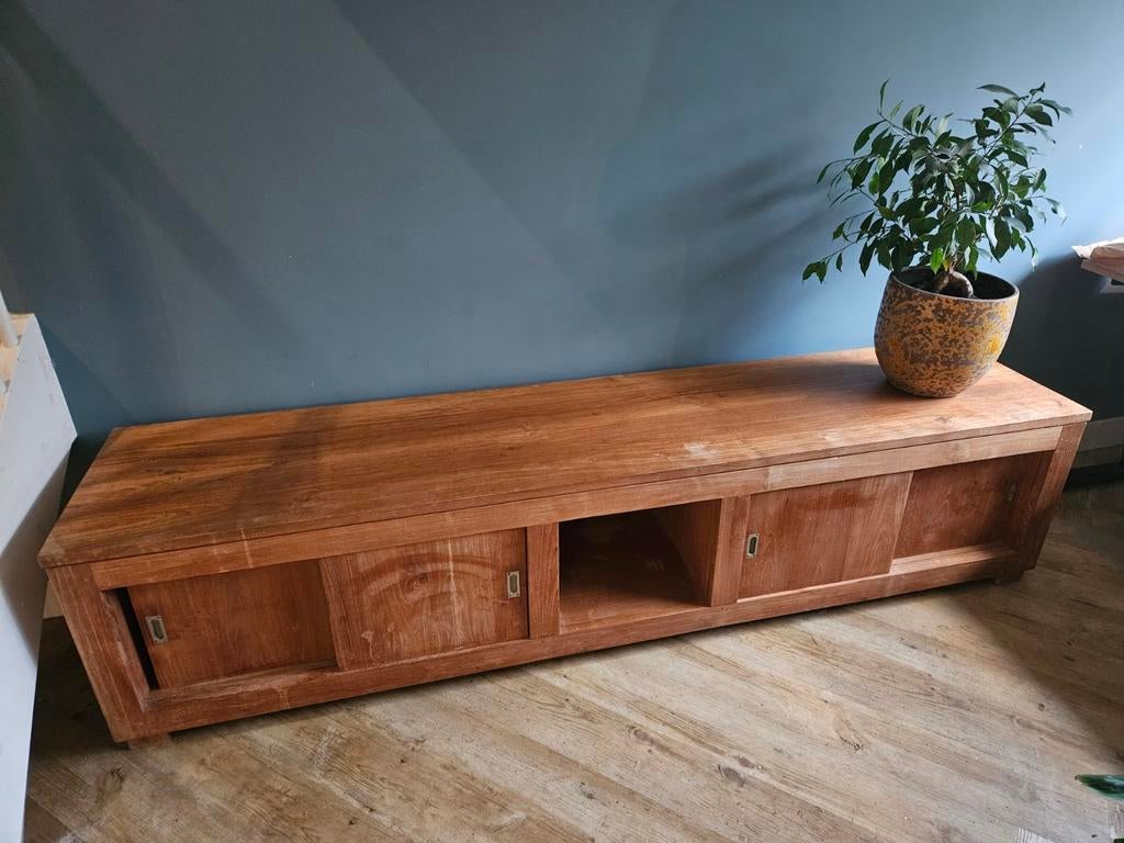 Mooi massief houten dressoir met schuifdeuren, Ophalen, Gebruikt, Vintage, 200 cm of meer