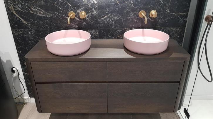 Son Massief Eiken Houten Badmeubel met ronde hoeken 140cm!, Huis en Inrichting, Badkamer | Badkamermeubels, Nieuw, Wastafelkast