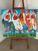 Vrolijk schilderij van Liz, 5 kippen origineel, Antiek en Kunst, Kunst | Schilderijen | Modern, Ophalen