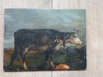 Klassiek schilderijtje van een koe, olie op paneel beschikbaar voor biedingen