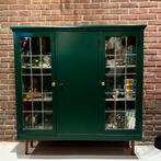 Vintage highboard vitrine kast groen / glas in lood ramen, Met deur(en), Glas, 25 tot 50 cm, 100 tot 150 cm
