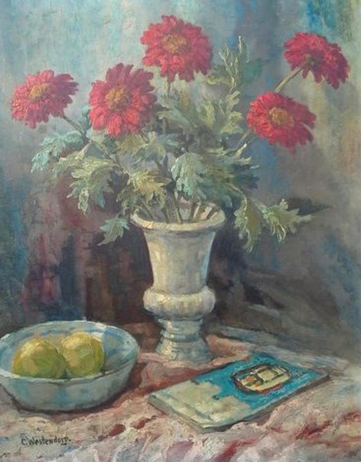Schilderij Bloemstilleven C.Westendorp 60x75 Begin 20e eeuw, Antiek en Kunst, Kunst | Schilderijen | Klassiek, Ophalen