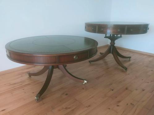 Eetkamertafel en Salontafel met leer ingelegd., Huis en Inrichting, Tafels | Salontafels, Gebruikt, Rond, Ophalen