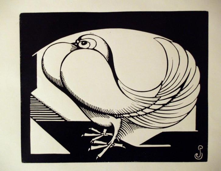 Jan Schonk Art Deco lino / houtsnede sierduif, Antiek en Kunst, Kunst | Litho's en Zeefdrukken, Ophalen of Verzenden
