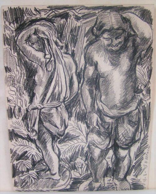 Hubert bekman "Adam en Eva" potlood tekening uit 1945, Antiek en Kunst, Kunst | Tekeningen en Foto's, Verzenden