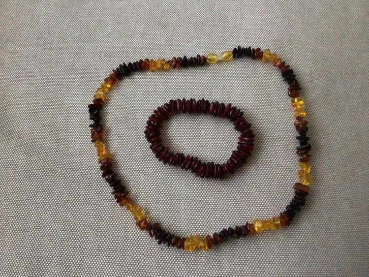 Amber Set: Ketting & Armband - Barnsteen, Sieraden, Tassen en Uiterlijk, Kettingen, Zo goed als nieuw, Steen of Mineraal, Bruin