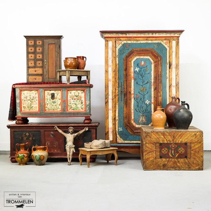 Antieke Beschilderde Volkskunst Bruidskasten Kisten Meubels, Antiek en Kunst, Curiosa en Brocante, Ophalen