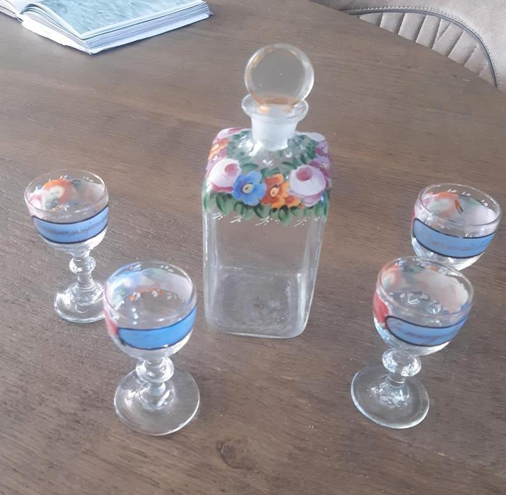 Antieke karaf met glaasjes, handbeschilderd, Antiek en Kunst, Antiek | Glas en Kristal, Ophalen of Verzenden
