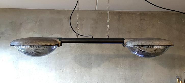 Vintage Philips dubbele hanglamp, Huis en Inrichting, Lampen | Hanglampen, Gebruikt, 75 cm of meer, Glas, Metaal, Ophalen