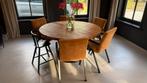 Rond Massieve eiken eettafel 140cm + 6 stoelen ZGAN!, Ophalen, Zo goed als nieuw, Vijf personen of meer, Industrieel