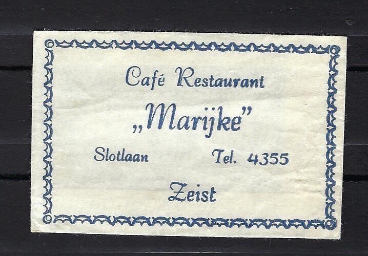 2481 Zeist cafe rest MARIJKE, Ophalen of Verzenden, Nederland