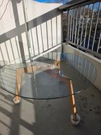 Ronde glazen tafel met houten poten, Ophalen, Gebruikt, 50 tot 100 cm, Glas