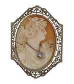 Fraaie 14k gouden Art Deco diamant camee antieke broche
