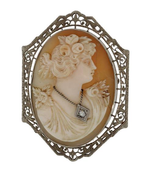 Fraaie 14k gouden Art Deco diamant camee antieke broche, Sieraden, Tassen en Uiterlijk, Antieke sieraden, Broche, Goud, Met edelsteen