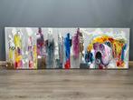 Kleurrijk Schilderij met Abstracte Stad en Hond, Antiek en Kunst, Ophalen of Verzenden