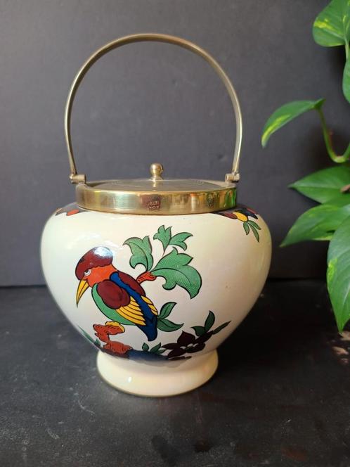 Vintage Koekjespot met vogeldecor en verzilverd armatuut, Antiek en Kunst, Antiek | Woonaccessoires, Ophalen of Verzenden