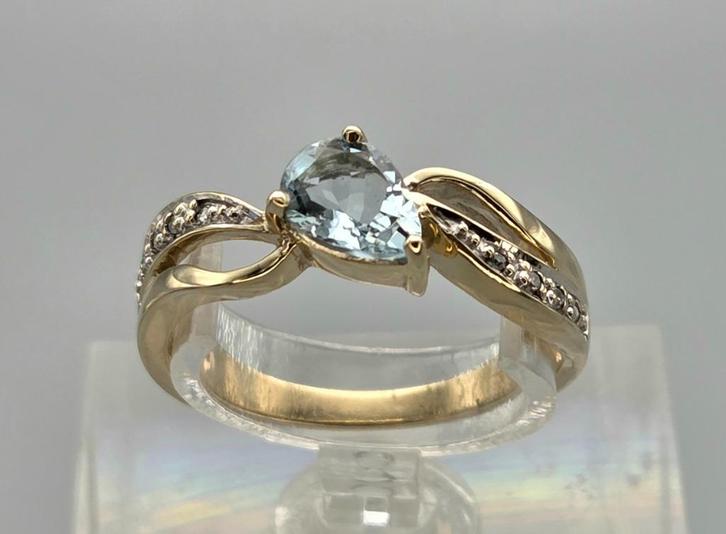 Gouden Vintage ring aquamarijn en diamant. 2025/675., Sieraden, Tassen en Uiterlijk, Ringen, Zo goed als nieuw, Dame, 17 tot 18