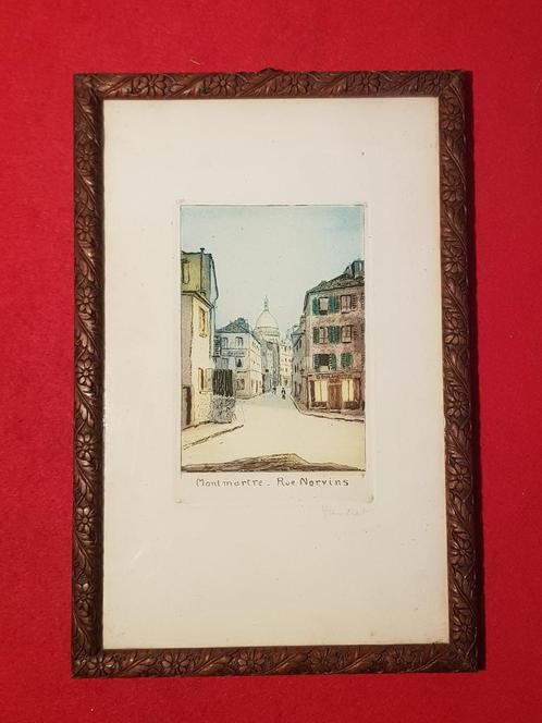 Prachtige kleurenets van Montmartre gesigneerd, Antiek en Kunst, Kunst | Etsen en Gravures, Ophalen of Verzenden