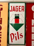 JAGER Pils emaille reclamebord ‘51, Verzamelen, Biermerken, Overige merken, Reclamebord, Plaat of Schild, Gebruikt, Ophalen of Verzenden