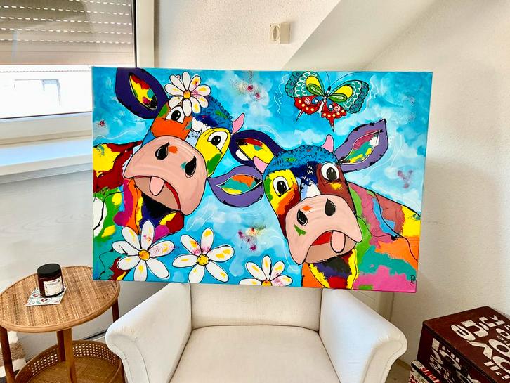 Blije koeien schilderij (made by Elise), Antiek en Kunst, Kunst | Schilderijen | Abstract, Ophalen