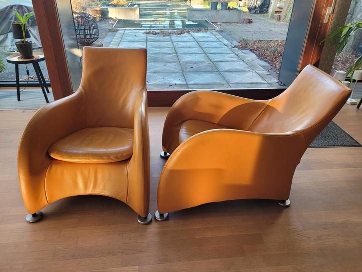 2x Montis Loge Van den Berg buffelleer safraan fauteuils, Huis en Inrichting, Fauteuils, Gebruikt, Leer, 75 tot 100 cm, 75 tot 100 cm