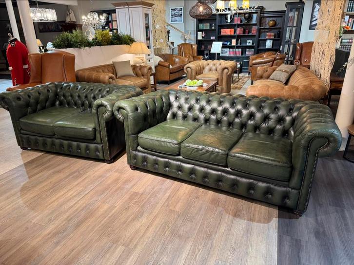 Chique Chesterfield bankstel 3+2 Zits Antiek groen leer, Huis en Inrichting, Fauteuils, Zo goed als nieuw, 75 tot 100 cm, Ophalen of Verzenden
