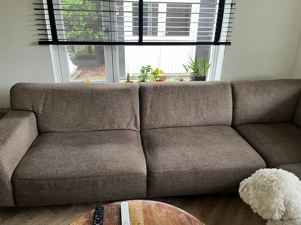 Bruine/donkerbeige stoffen hoekbank - 300x230cm, Ophalen, Gebruikt, Hoekbank, 300 cm of meer