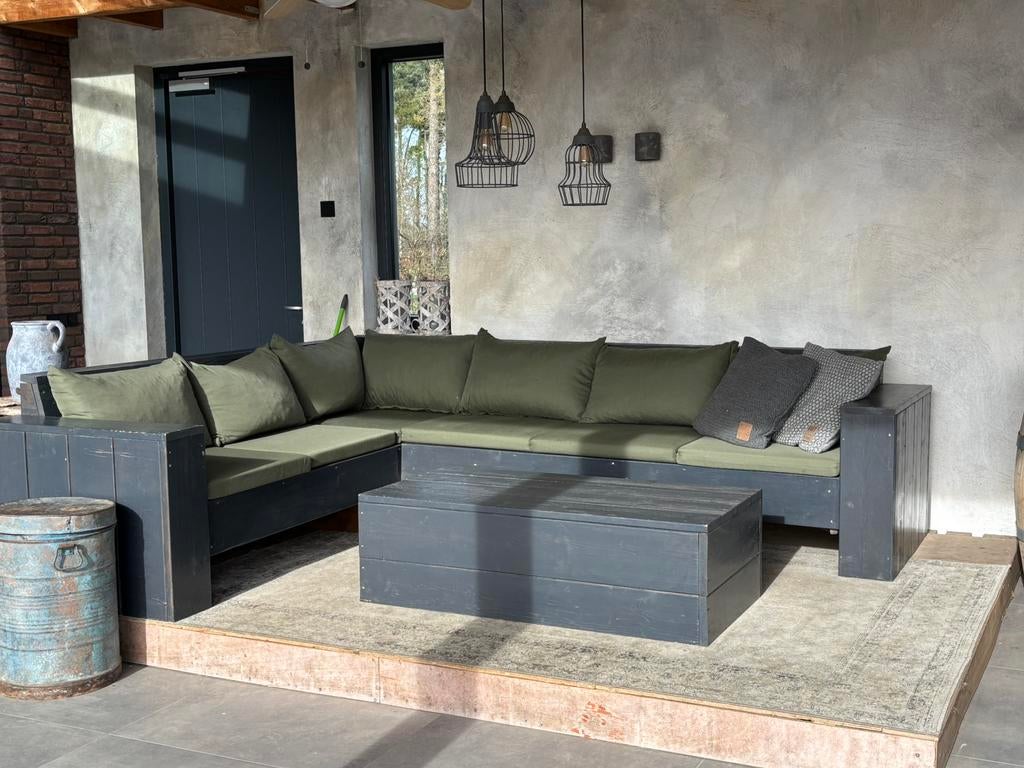 Lounge bank met tafel, Tuin en Terras, Gebruikt, Steigerhout, Ophalen of Verzenden, Loungeset