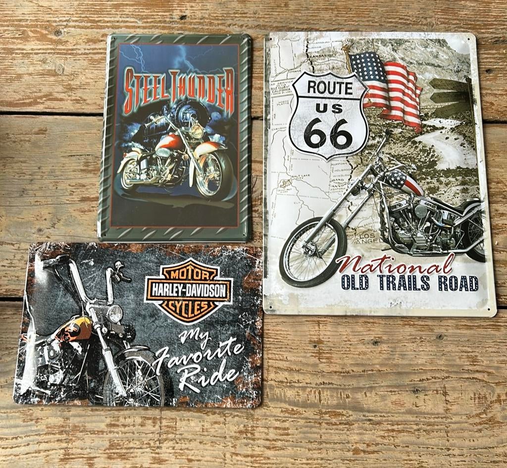 Metalen borden Harly Davidson 3 stuks route 66 US, Ophalen of Verzenden