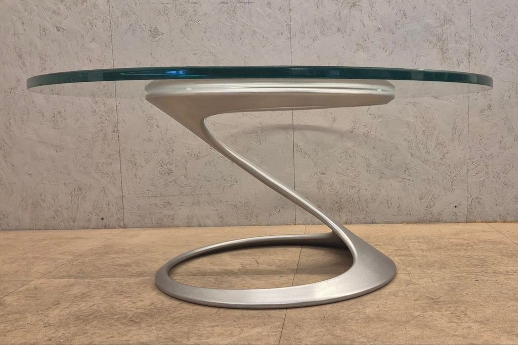 Vintage Knut Hesterberg salontafel glas alu space age Ø99, Gebruikt, 50 tot 100 cm, Rond, 50 tot 100 cm