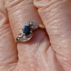Gouden ring met Saffier en Diamantjes, 18 tot 19, Gebruikt, Ophalen of Verzenden, Met edelsteen
