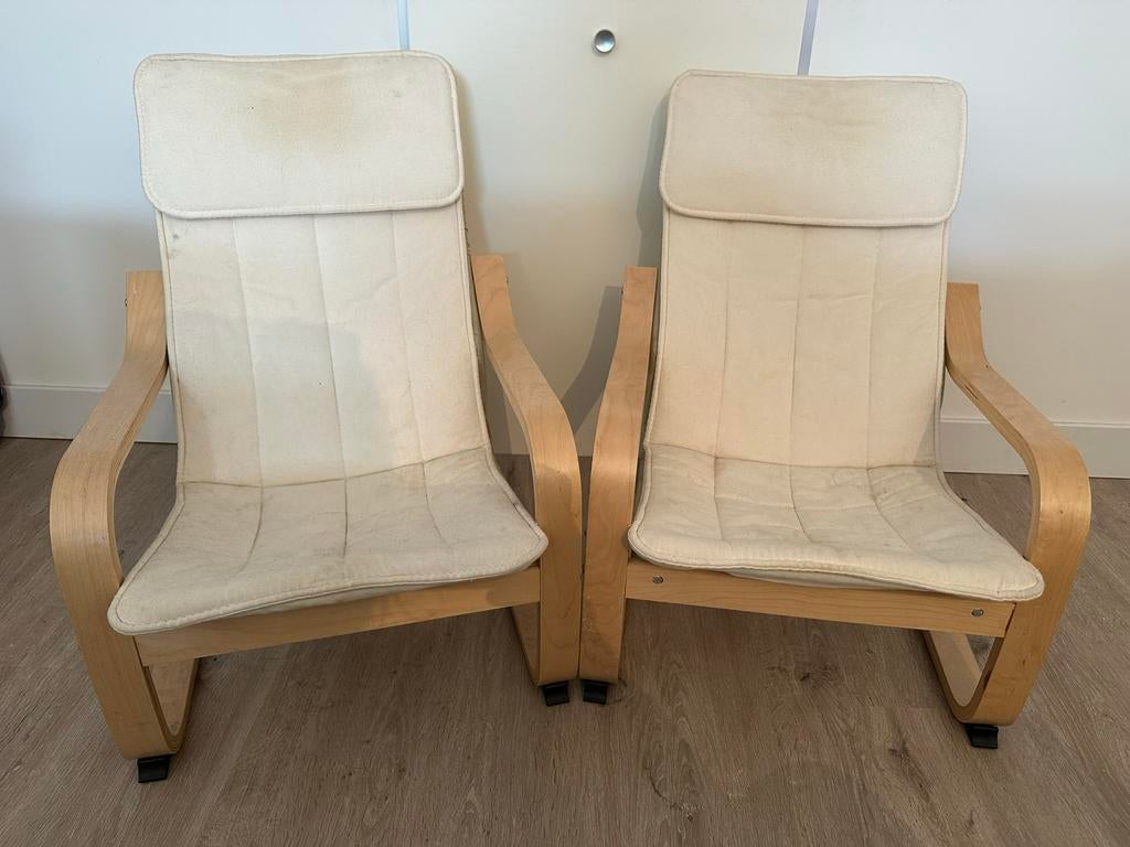 Twee IKEA POÄNG kinderfauteuils met beige kussens, Ophalen, Gebruikt, Overige typen