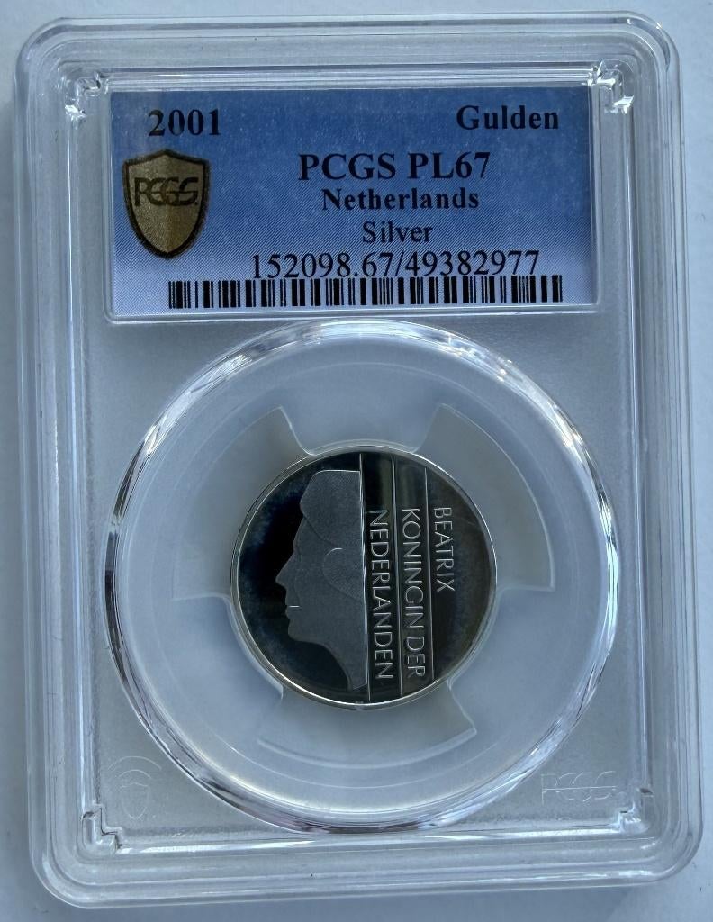 2001 Gulden Zilver PCGS PL67 (Gold Shield), Postzegels en Munten, Munten | Nederland, Ophalen, 1 gulden, Koningin Beatrix, Zilver