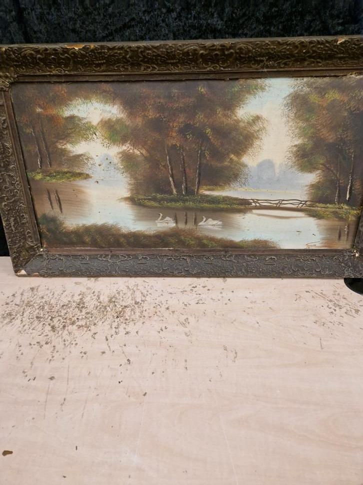 Oud Schilderij: Romantisch Landschap met Zwanen, Antiek en Kunst, Kunst | Schilderijen | Klassiek, Ophalen of Verzenden