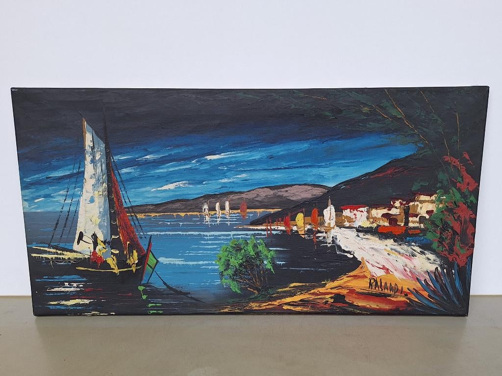 vintage schilderij vissersdorp strand haven-gezicht 40x80cm, Ophalen of Verzenden
