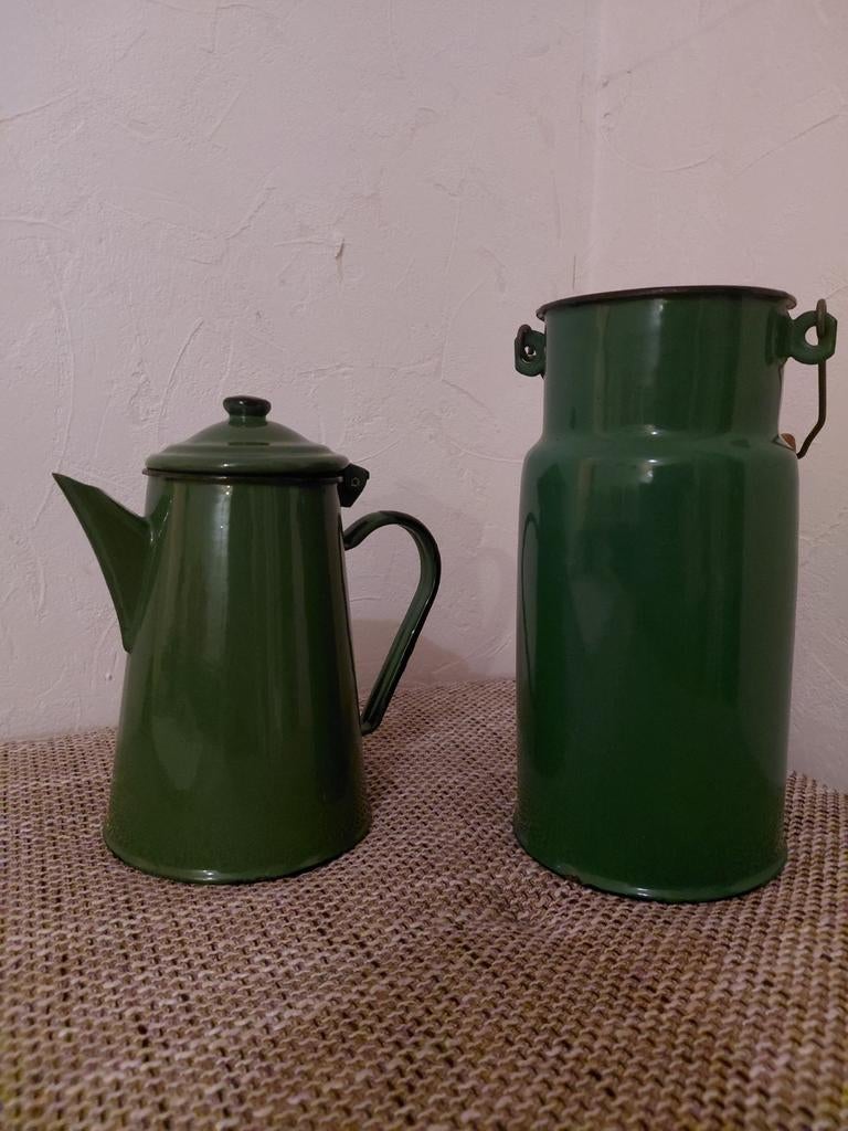 Vintage Groene Emaille Koffiepot/Theepot en Melkkan, Antiek en Kunst, Antiek | Emaille, Ophalen of Verzenden
