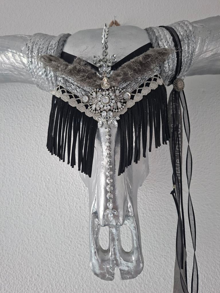 Longhorn schedel zilver/zwart wanddecoratie, Gebruikt, Zilver, Decoratieobject, Kunststof