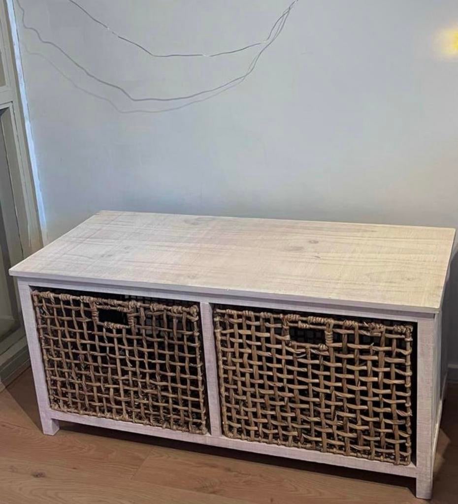 Landelijke Houten Opbergbank met Manden, Ophalen, Gebruikt, 75 tot 100 cm, 100 tot 125 cm