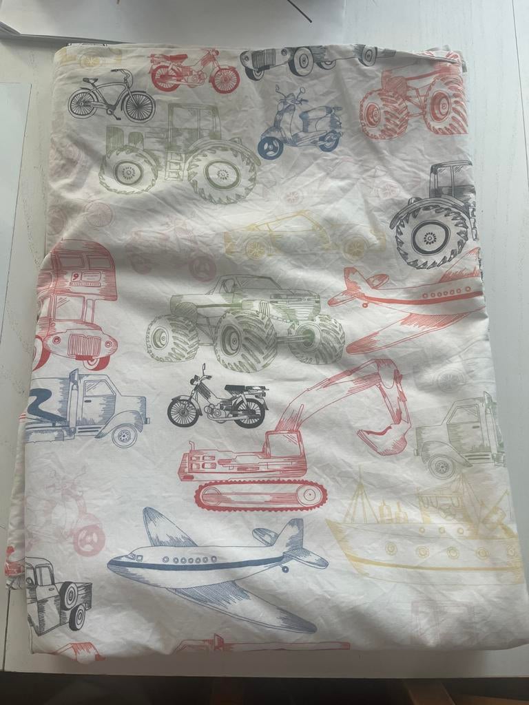 IKEA Dekbedovertrek met voertuigenprint, Gebruikt, Eenpersoons, Wit, Dekbedovertrek