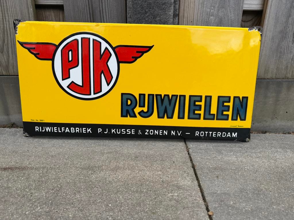 PJK Rijwielen emaille reclamebord, Verzamelen, Merken en Reclamevoorwerpen, Reclamebord, Gebruikt, I, Ophalen of Verzenden