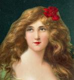 fr 1910 vrouw heel lang haar rode roos groene jurk Asti, Verzenden, Voor 1920, Ongelopen, Overige thema's