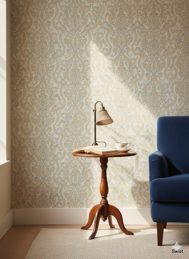 4800 vintage origineel barok behang grijs mosterd swiet, Ophalen of Verzenden, Minder dan 10 m², Grijs