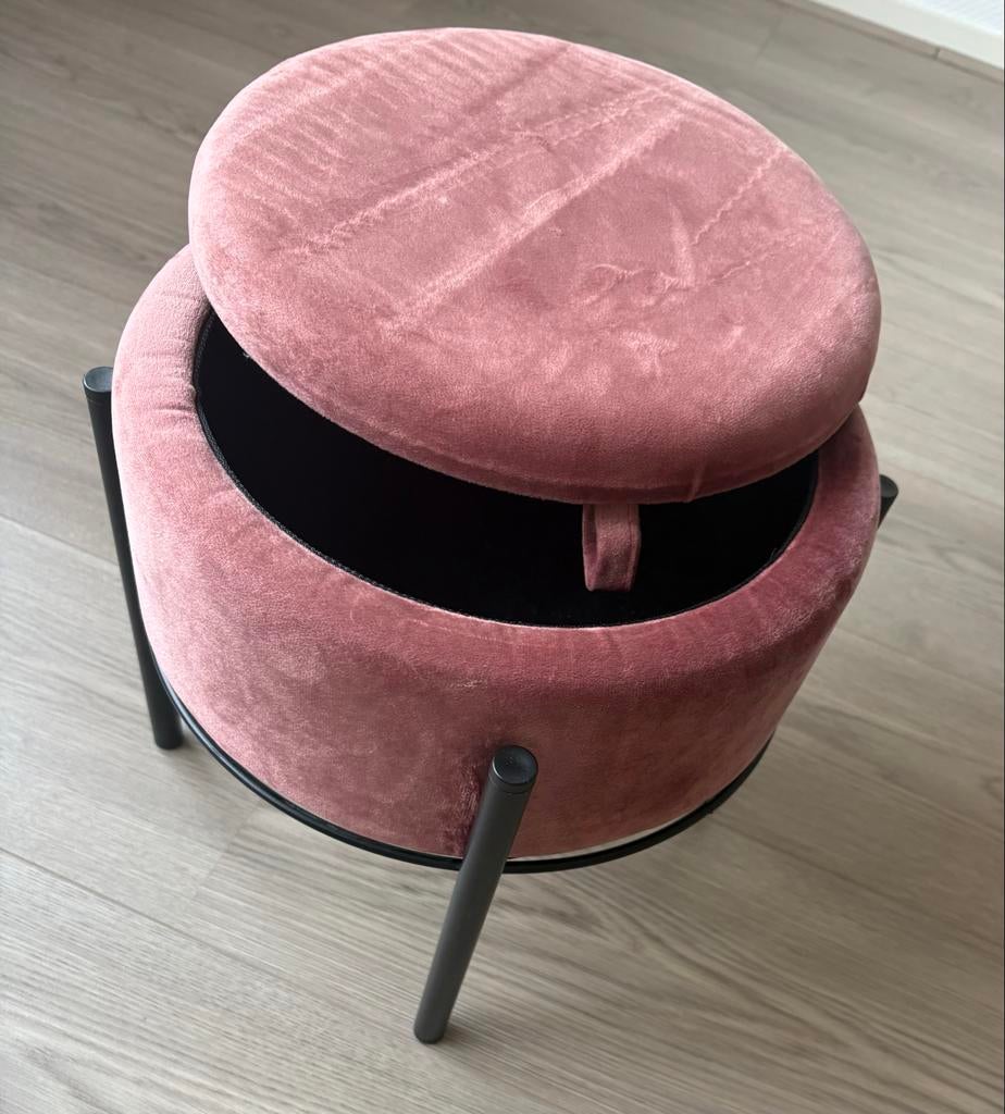 Roze fluwelen poef met opbergruimte, Ophalen, Minder dan 50 cm, Rond, Zo goed als nieuw