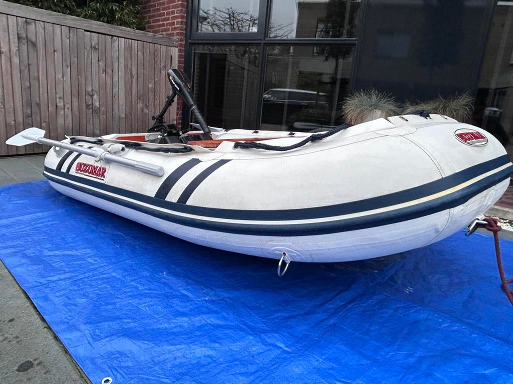 Rubberboot set: Suzumar | Minn kota E-motor of 2.5 pk 4 takt, Watersport en Boten, Rubberboten, Ophalen, Quicksilver, Zo goed als nieuw