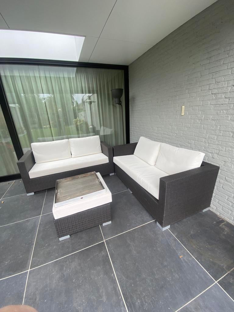 Tuinstel witte kussens weerbestendig, Tuin en Terras, Ophalen, 4 zitplaatsen, Kunststof, Bank